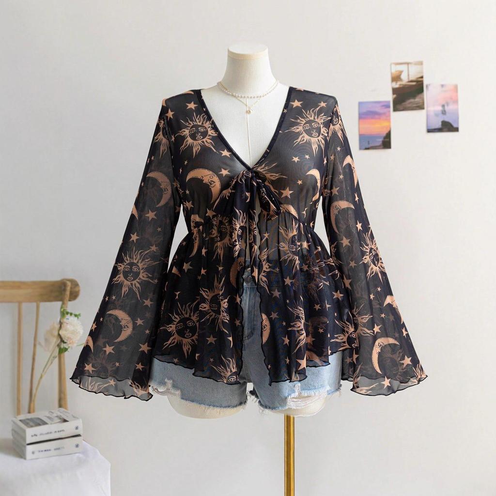 Женский топ с V-образным вырезом, принтом, в отпускном стиле, с расклешенными рукавами, свободного кроя