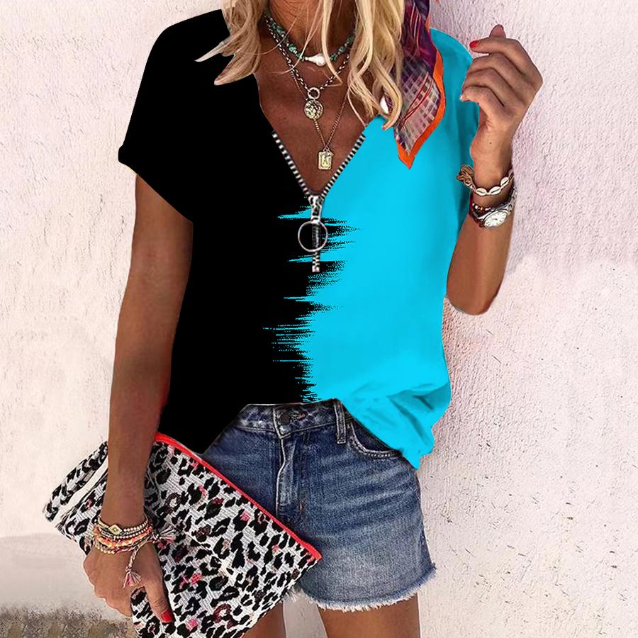 Женский топ, летняя новая мода, повседневный топ с короткими рукавами и застежкой-молнией с монтажом и принтом розы