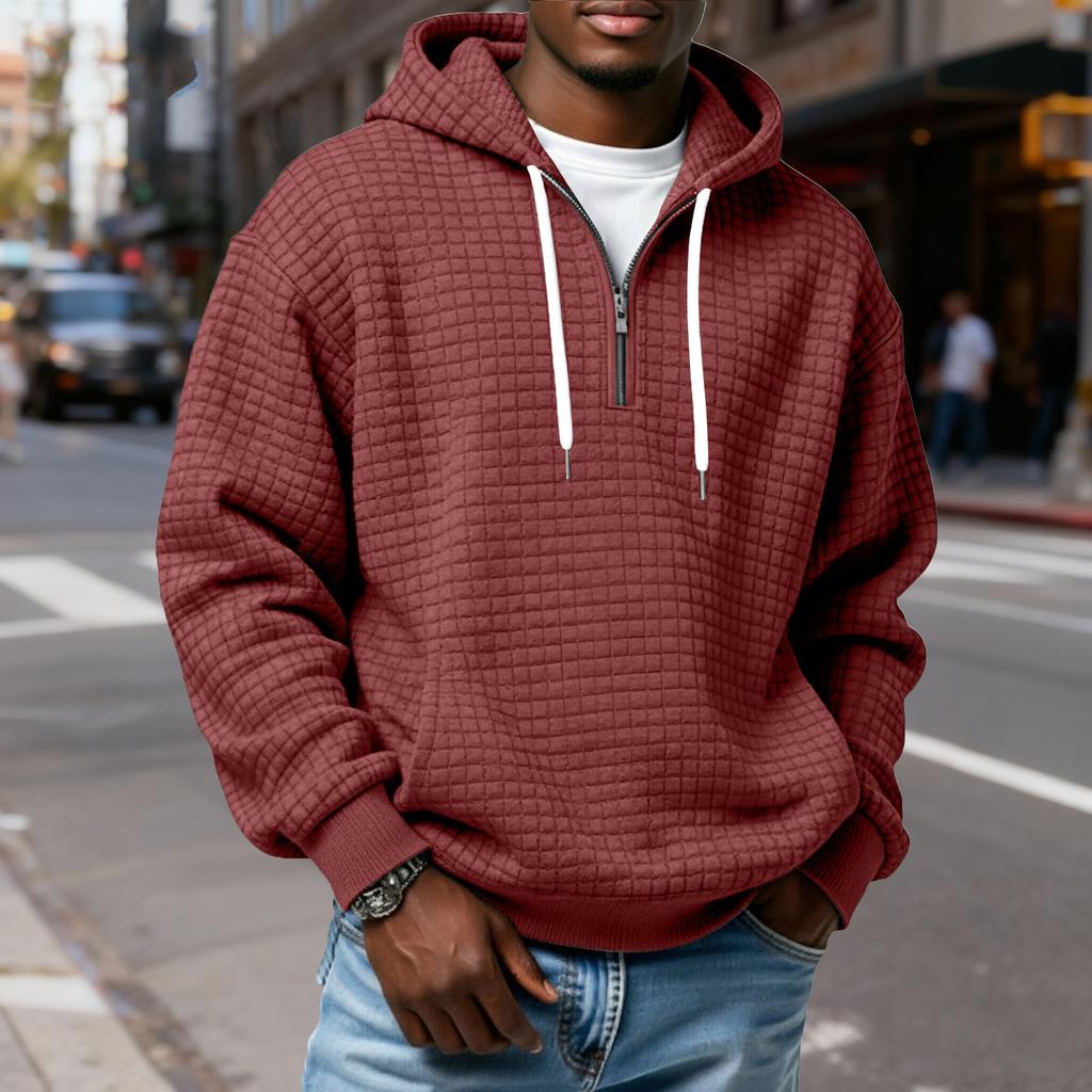 Мужской худи-пуловер в клетку с капюшоном на молнии до середины, со шнурком, повседневная спортивная толстовка