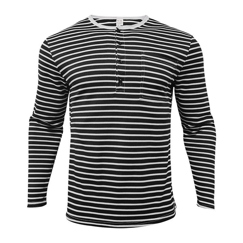 Spring Autumn Fashion Long Sleeve Men's T-shirts Button Henry Collar T Shirt For Men Vintage Striped Tees Tops