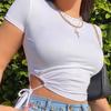White T Shirt Crop Tops Women Summer Short Sleeve Solid Round Neck Short Tee Top Drawstring Slim Fashion Female Shirts