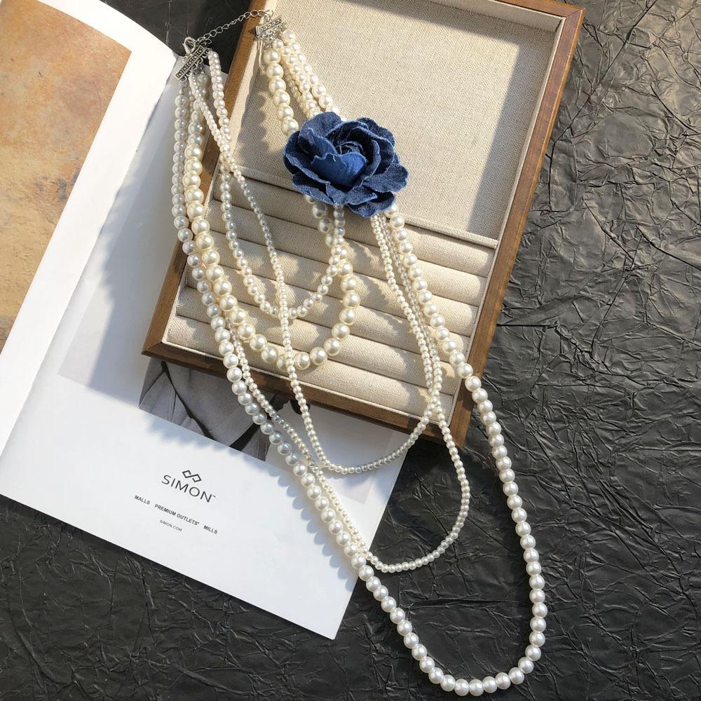 French Exquisite Camellia Pearl Necklace Women Multi-layer Stacked Long Clavicle Sweater Chain Autumn Dress Jewelry Gift