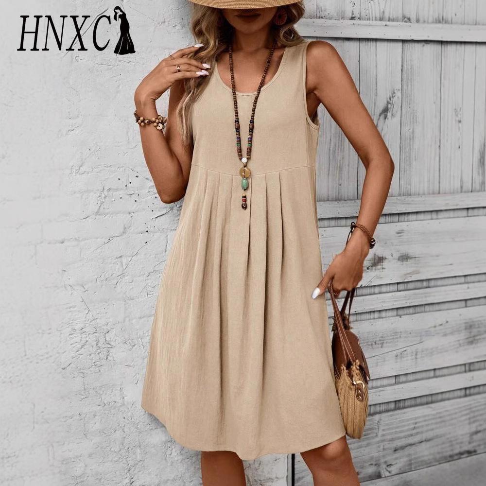 HNXC Женская мода лето весна однотонный принт без рукавов с круглым вырезом и высокой талией повседневные платья