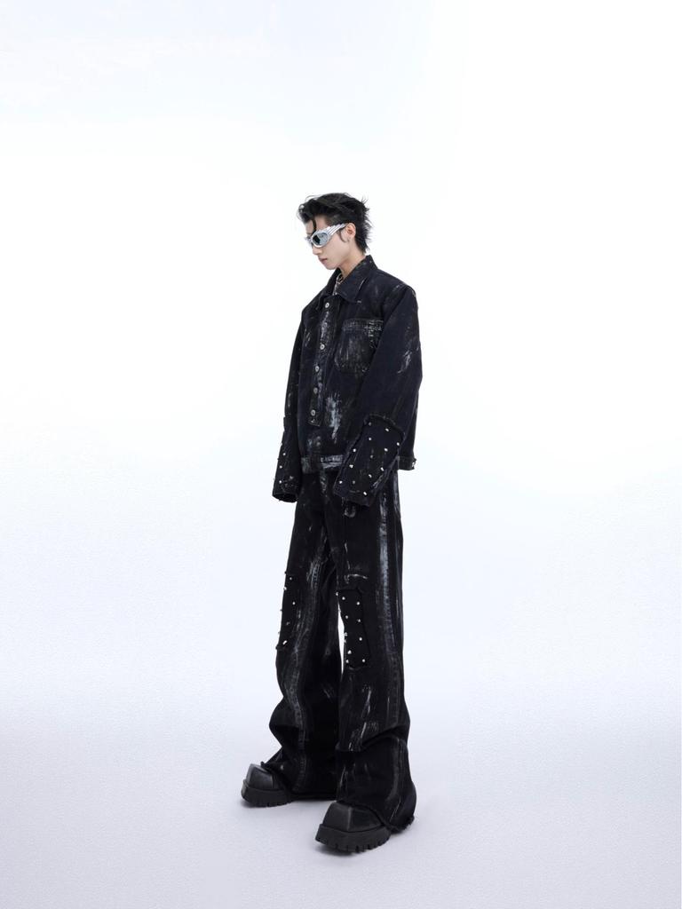 Clean-Fit Men's Distressed Loose Straight-Leg Jeans with Deconstructed Metal Rivets and Micro Flare Design