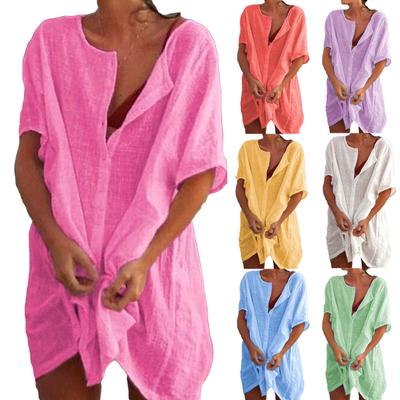 Летнее женское сплошное платье размера плюс с глубоким V-образным вырезом и коротким рукавом, свободное платье-прикрытие