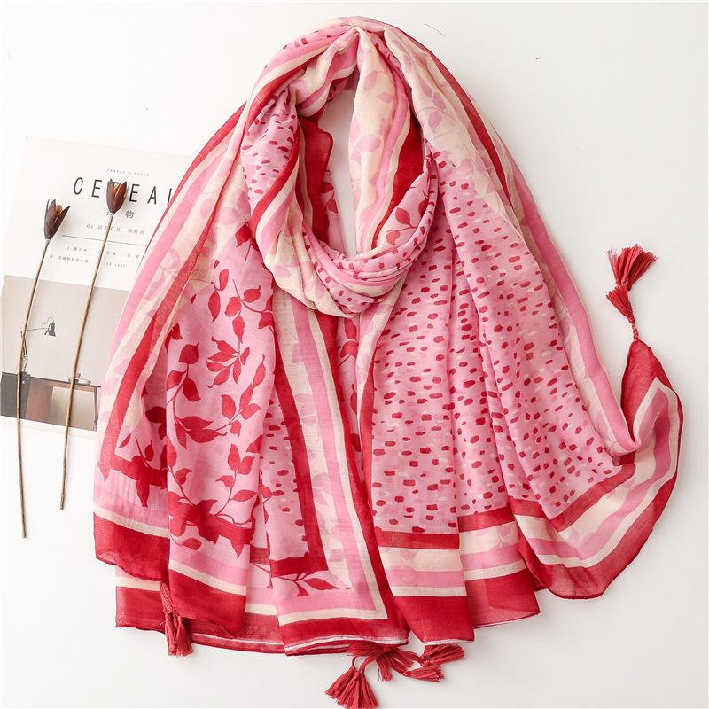 Fresh Cotton Linen Sun Protection Shawl: Red Flower Tassel Silk Scarf for Spring/Summer Travel