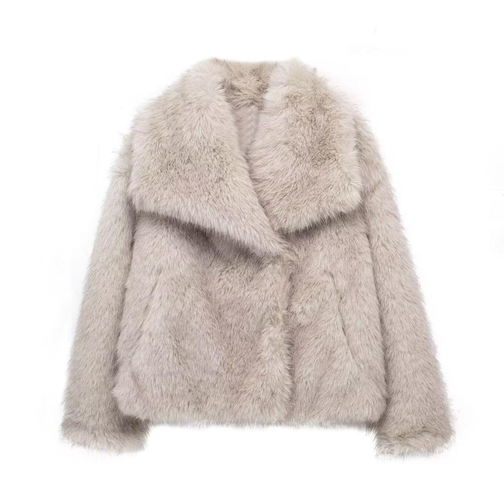 Women's Gray Faux Fur Collarless Short Coat