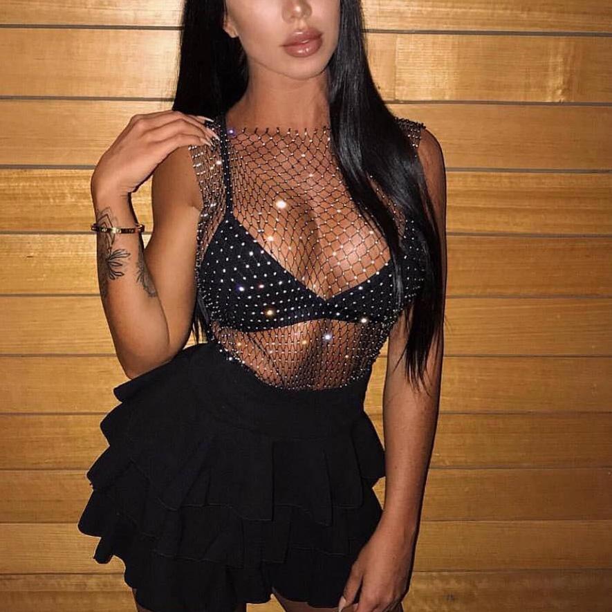 Women's Fishnet Rhinestone Crop Top Summer Sexy Mesh High Elastic Black White Shirt Net See Through Rave Diamond Tank Top