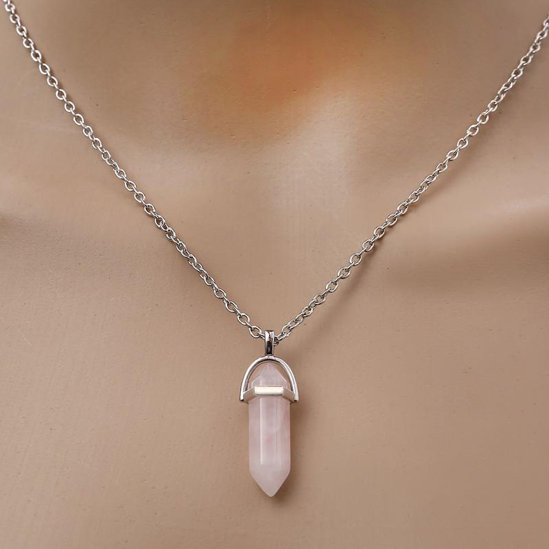 Fashion Quartz Crystal Necklace Chakra Rose Bule Purple Natural Stone Pendant Necklace Hexagonal Bullet Reiki Hippie Necklace