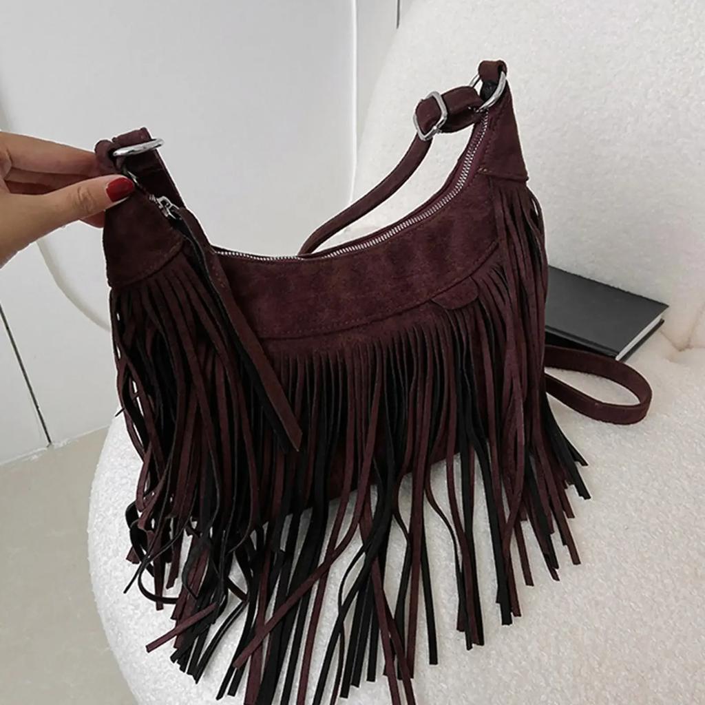 Large Retro Fringed Handbag Totes Bag PU Messenger Bag Zipper Soft Ethnic Style Women’s Fringed Leather Shoulder Bag