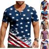 Men's Casual Summer V-neck Short Sleeved Top With Buttons, Independent Day Print Short Sleeved Top