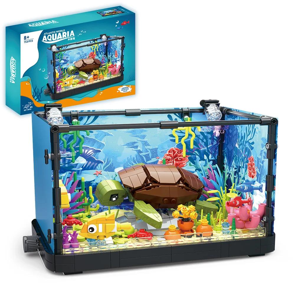 Non-Toxic Fish Tank Block Set With Lights Aquarium Marine Life Shark Eco Tank Block Playset For Kids 6+ Years Gift For Ocean Lovers