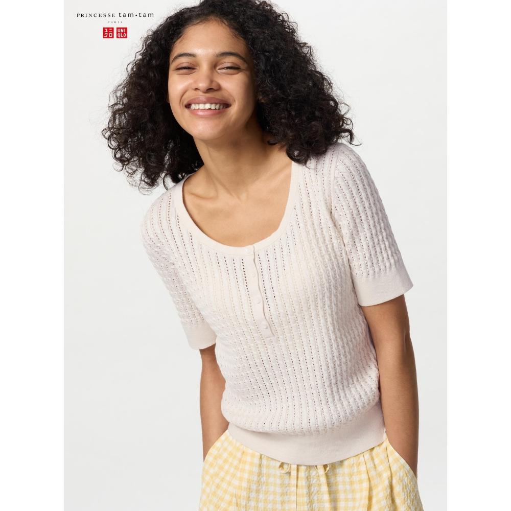 Uniqlo Японский вязаный свитер с воротником-хвостом и коротким рукавом