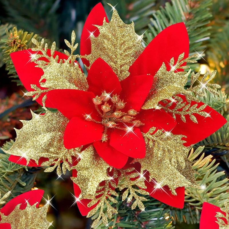 Christmas Red Gold Glitter Flowers Artificial Poinsettia Flower for Xmas Tree Ornaments Navidad New Year Party Home Decoration