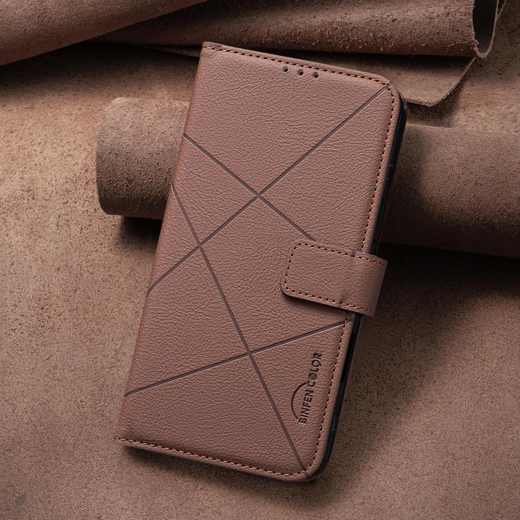 BINFEN COLOR BF35 For iPhone 16e Case RFID Blocking Wallet Stand Geometry Imprinted Leather Phone Cover