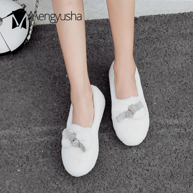 Модные женские мокасины с кристаллами и мехом, зимние мокасины с бантом, теплые туфли на плоской подошве с круглым носком, криперы, плюшевые, удобные, меховые, хлопковые туфли для женщин
