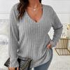 Women's Fashion Casual Solid Color Print Autumn Winter Long Sleeve V-Neck Loose Frosted T-shirt with Pit Stripes Sweaters