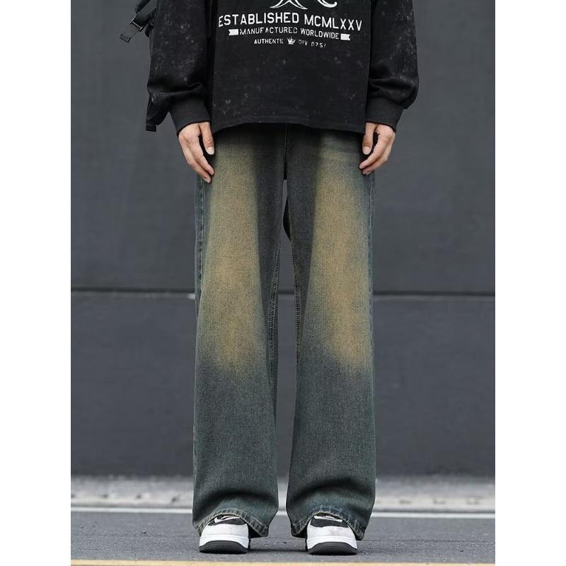 Весенне-осенние мужские свободные прямые джинсы, плотная песочная стирка, ретро, повседневные джинсы, брюки для мужчин