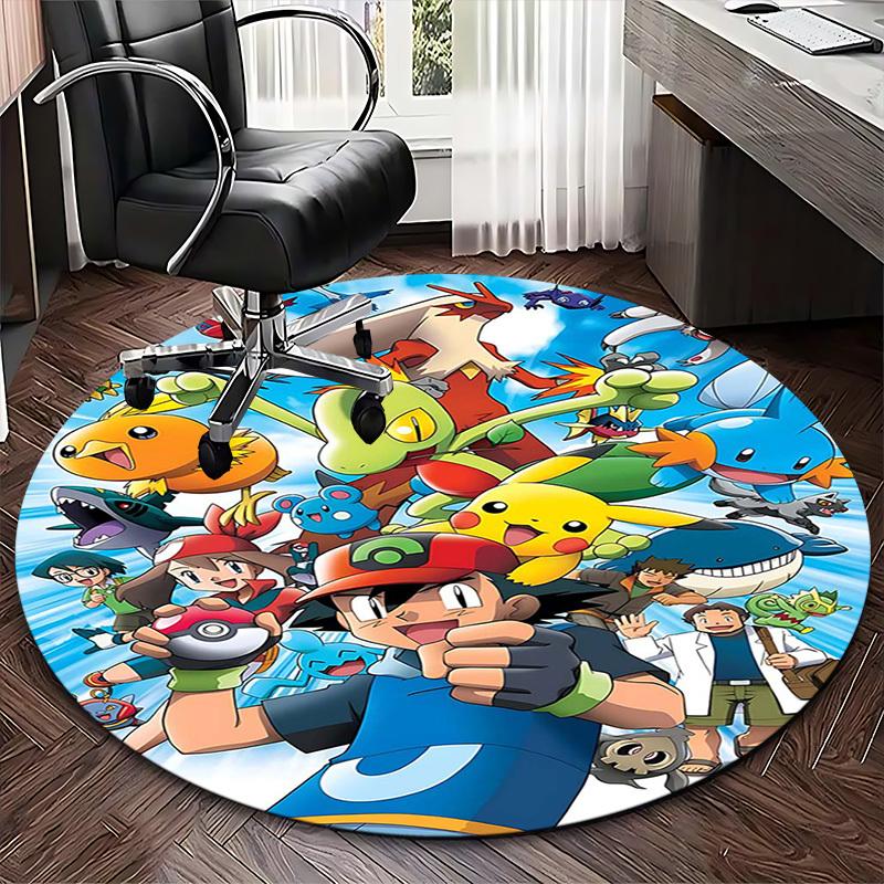 1pc Pokemon Pikachu & Friends Anime Cartoon Design Round Carpet for Office Chair Mat, Non-Slip Rug Suitable for Home Decor, Living Room, Bedroom, Game