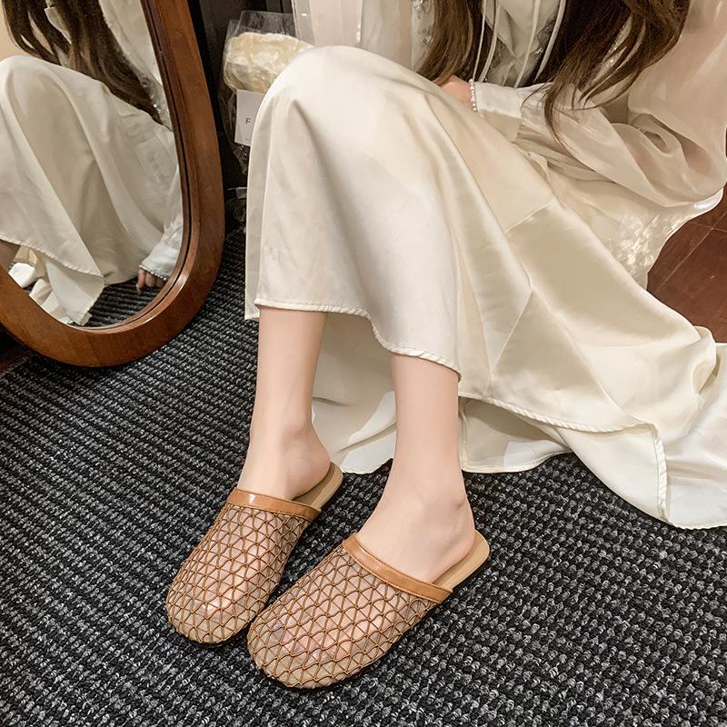 Niche Design Sense Mesh Hollow Flat Bottom Bag Head Half Slippers Women's 2025 Summer Retro Vacation Cool Slippers