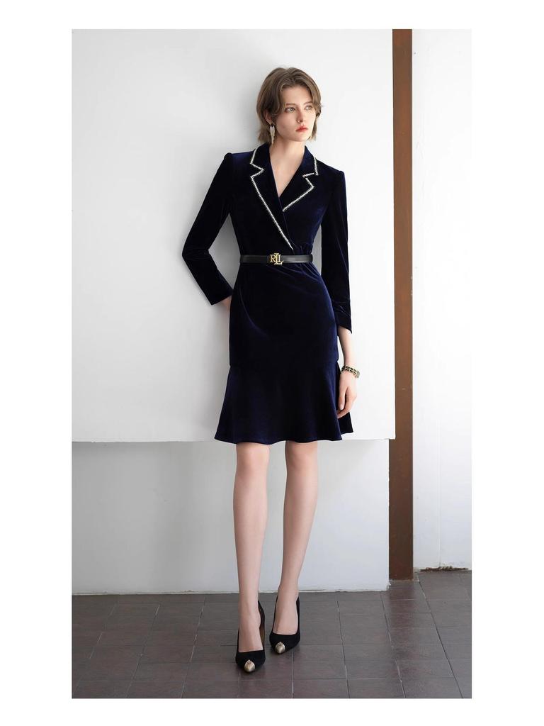 2024 Ранняя осень Темно-синее бархатное женское формальное платье с оборками и длинными рукавами