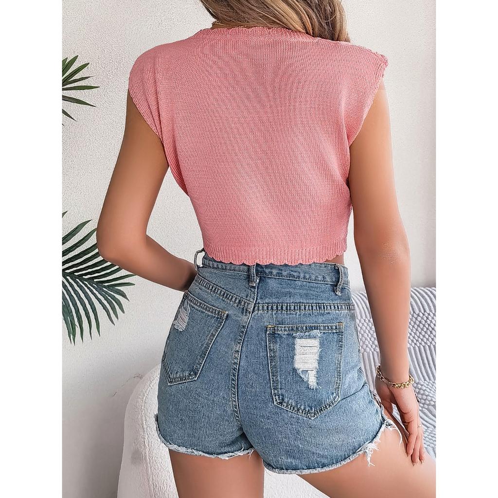 HNXC Spring Summer Hollowed-out Leaf Crop Crop Knit Top for Women's Vacation