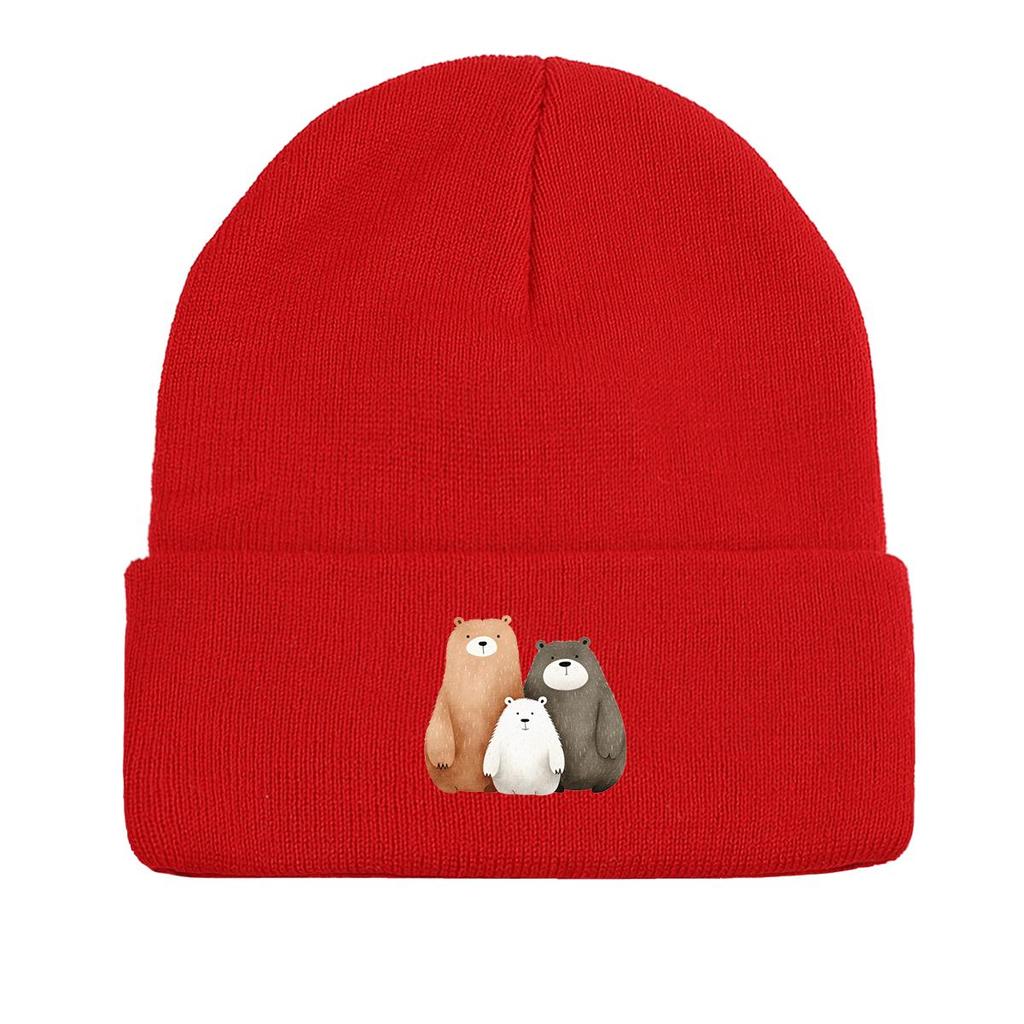 Cartoon Bear Family Print Knitted Cap Beanie, Cute Animal Skull Cap Warm Elastic Headwear Headwear Knit Hat Beanie