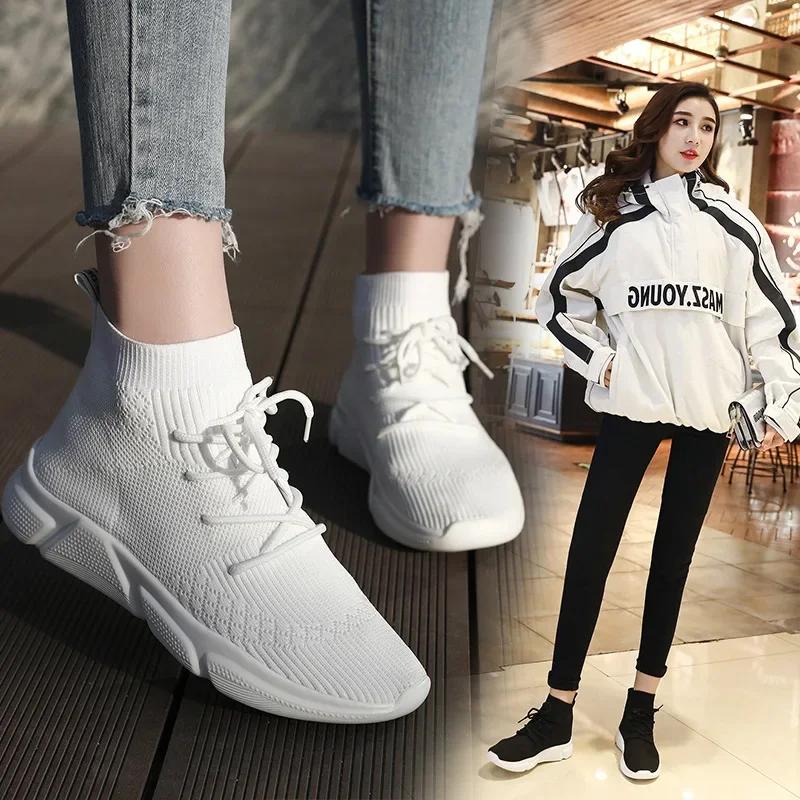 Модные высокие эластичные носки-туфли для женщин 2024 года, новая осенняя коллекция, дышащая повседневная обувь, легкая спортивная обувь, кроссовки женские