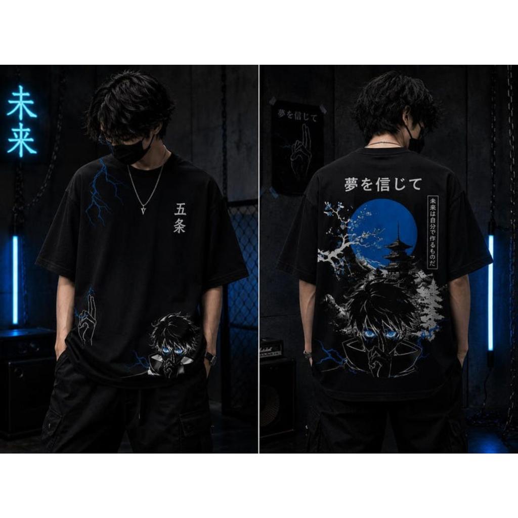 Japanese Anime Jujutsu Kaisen Gojo Satoru Graphic T-shirt Men Women Unisex Blue Lightning Streetwear Y2K Oversized Short Sleeves Female Male Clothing