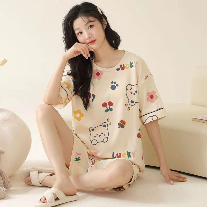 Пижама с короткими рукавами для девочек, комплект домашней одежды, пижама с круглым вырезом, студенческий комплект для общежития с героями мультфильмов, летняя одежда, женская домашняя одежда