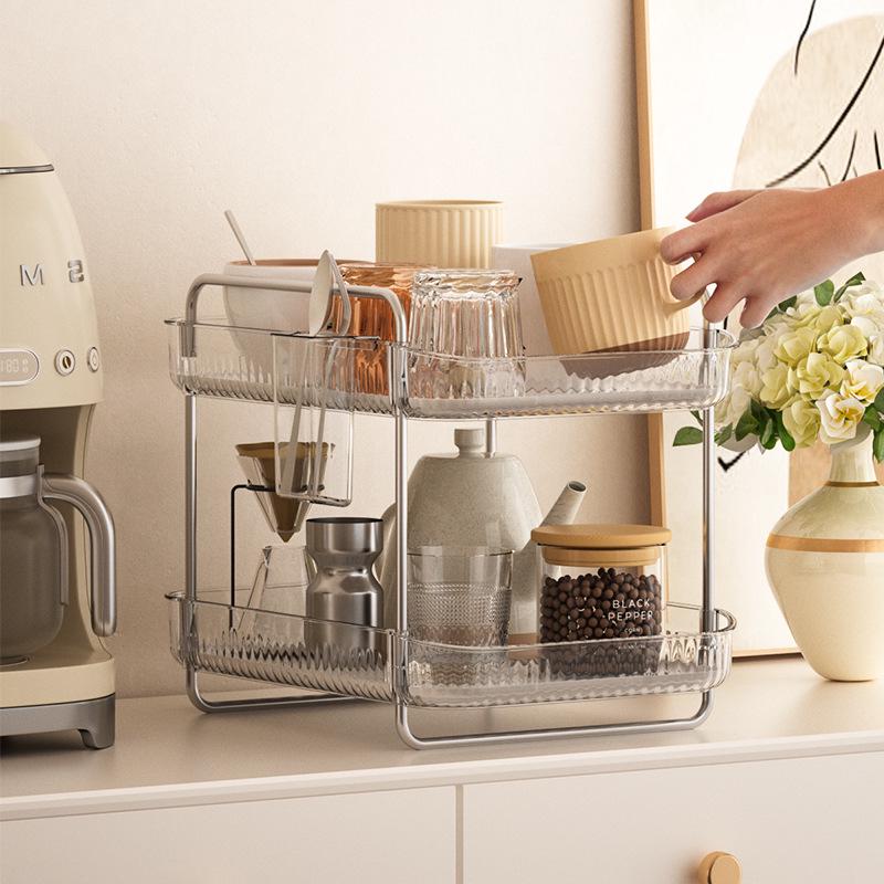 Transparent PET Plastic Desktop Cup Storage and Drain Rack - Two-Layer Multi-Purpose Hanging Basket.