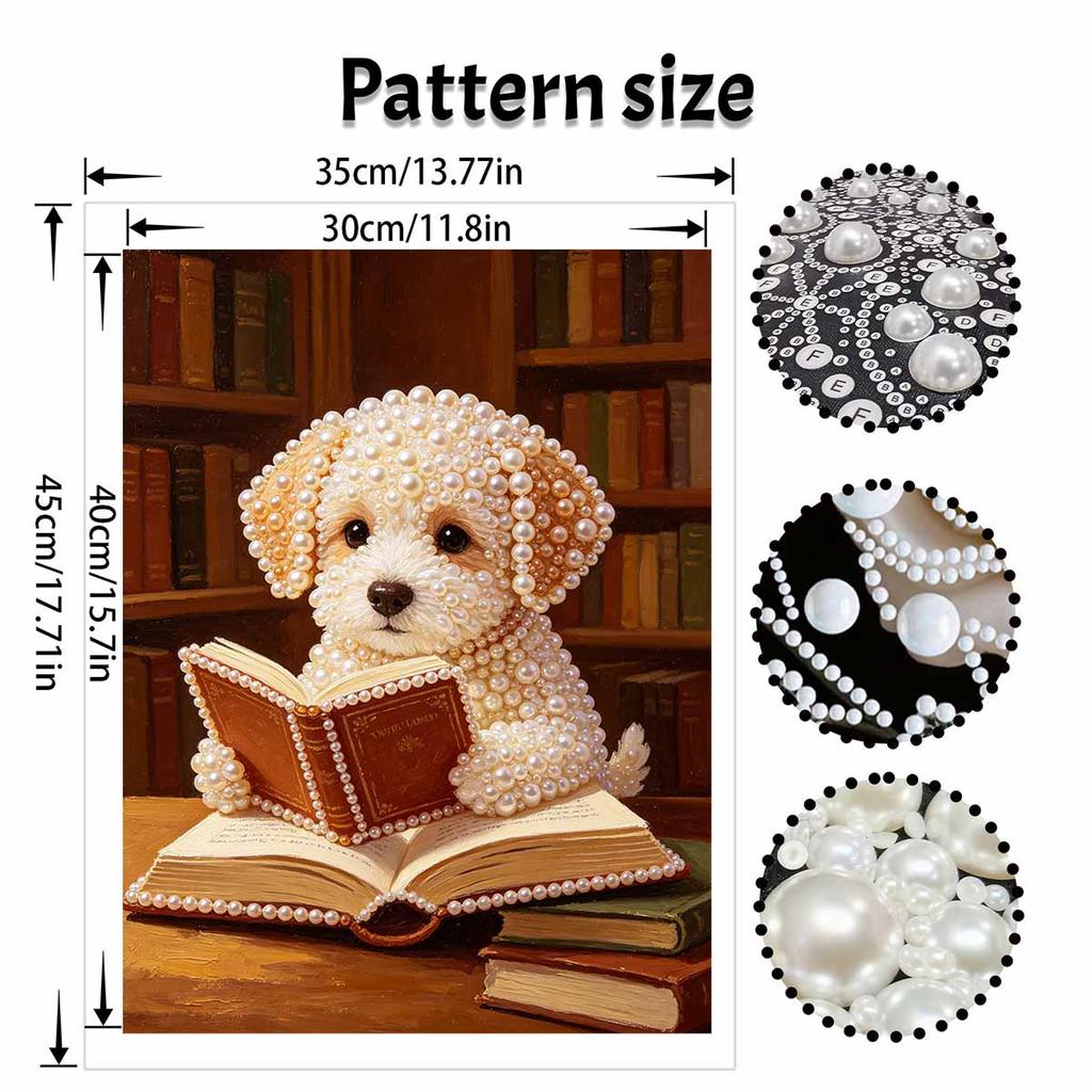 This pearl painting kit features a cute puppy reading a book 5D pearls and a mosaic art style. designed for home wall decoration.