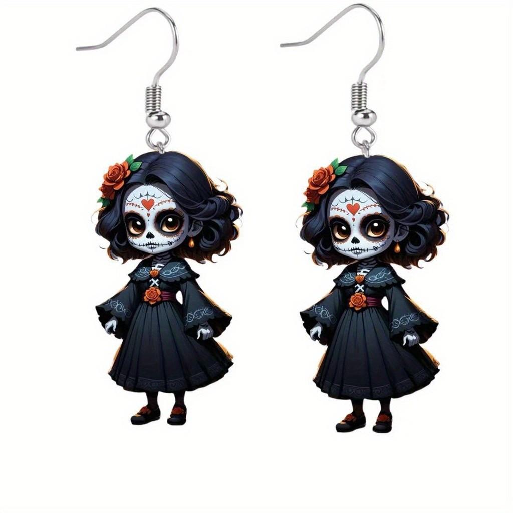 Themed Black Halloween Skull Rose Girl Four Pattern Women Acrylic Earrings