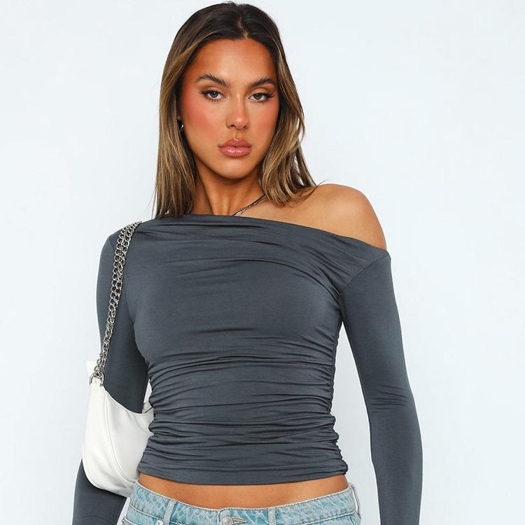 Women's Blouse Spring and Autumn Slant Shoulder Asymmetric Solid Colour Navel Blouse Long-sleeved Sexy Slim Temperament T-shirt