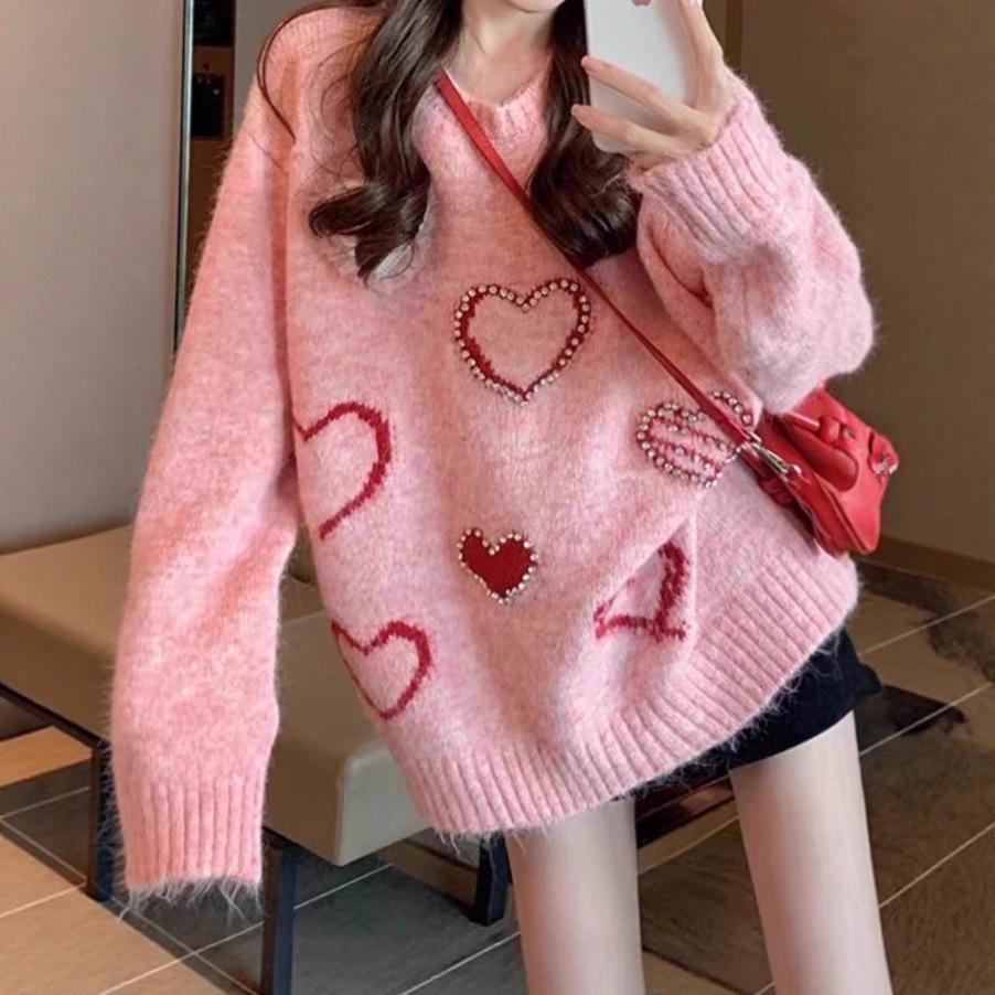 Korean autumn and winter new hot diamond love pullover sweet sweater lazy loose versatile casual fashion top