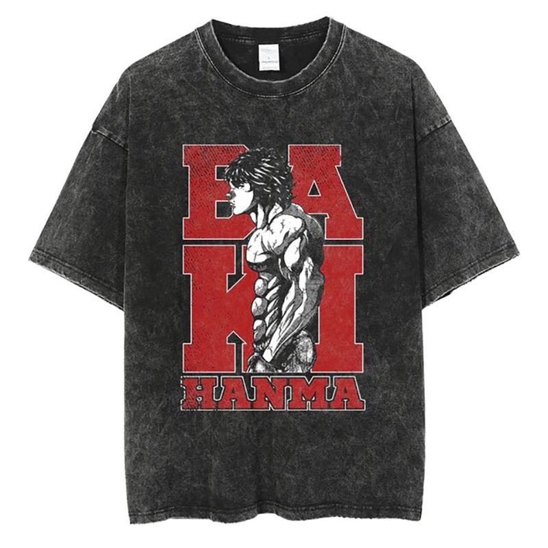 Baki Print Vintage Cotton Tees For Men Women Summer Casual Tshirt Tees Gym Workout Training Short Sleeve Tops Outfits