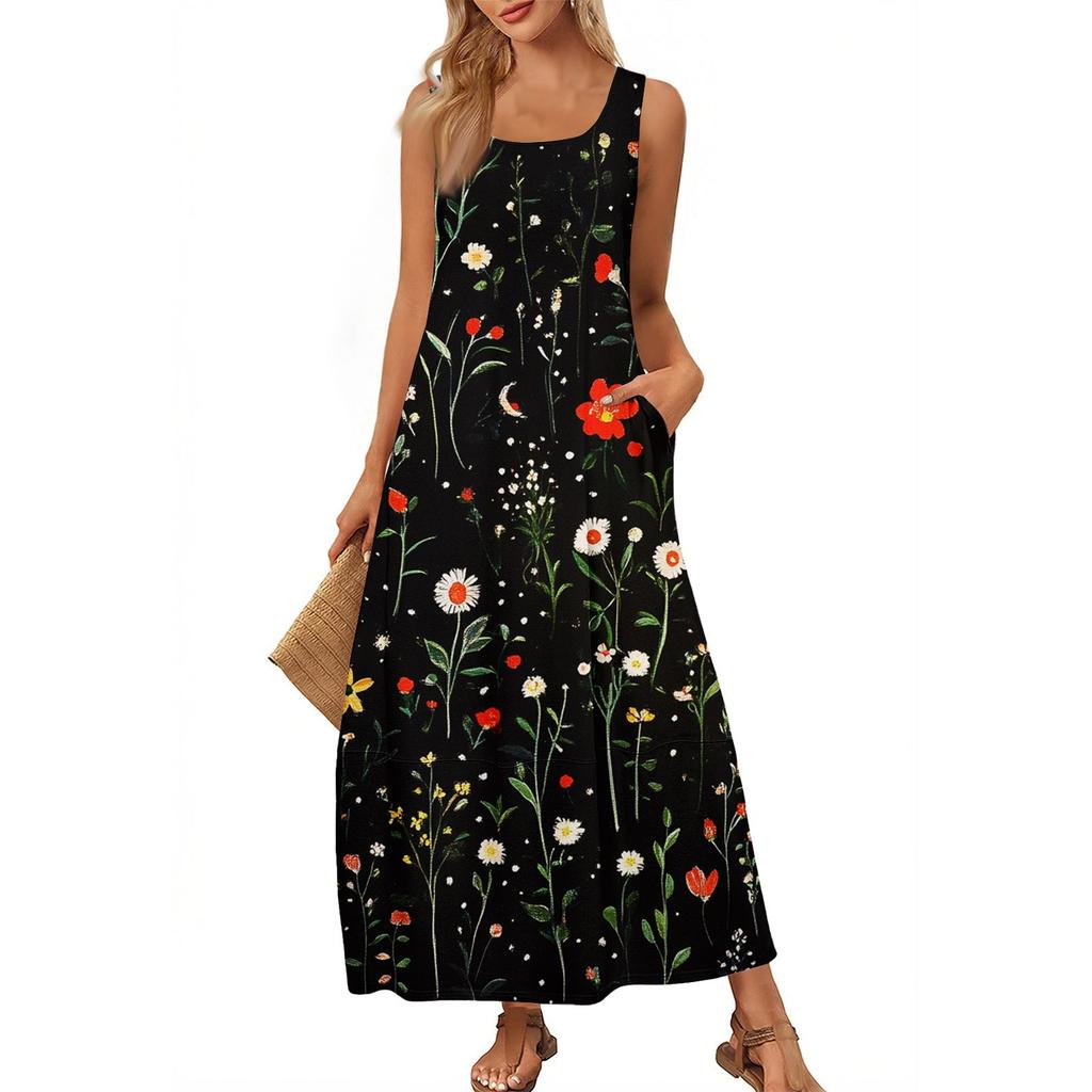 Women's Casual Long-length Sundress Summer Beach Dress Round Neck Sleeveless Loose Sundress