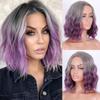 Women Synthetic Fiber Wavy Wig Without Bangs Short Natural Wavy Wig Ombre Grey Purple Synthetic Fiber Wig for Women
