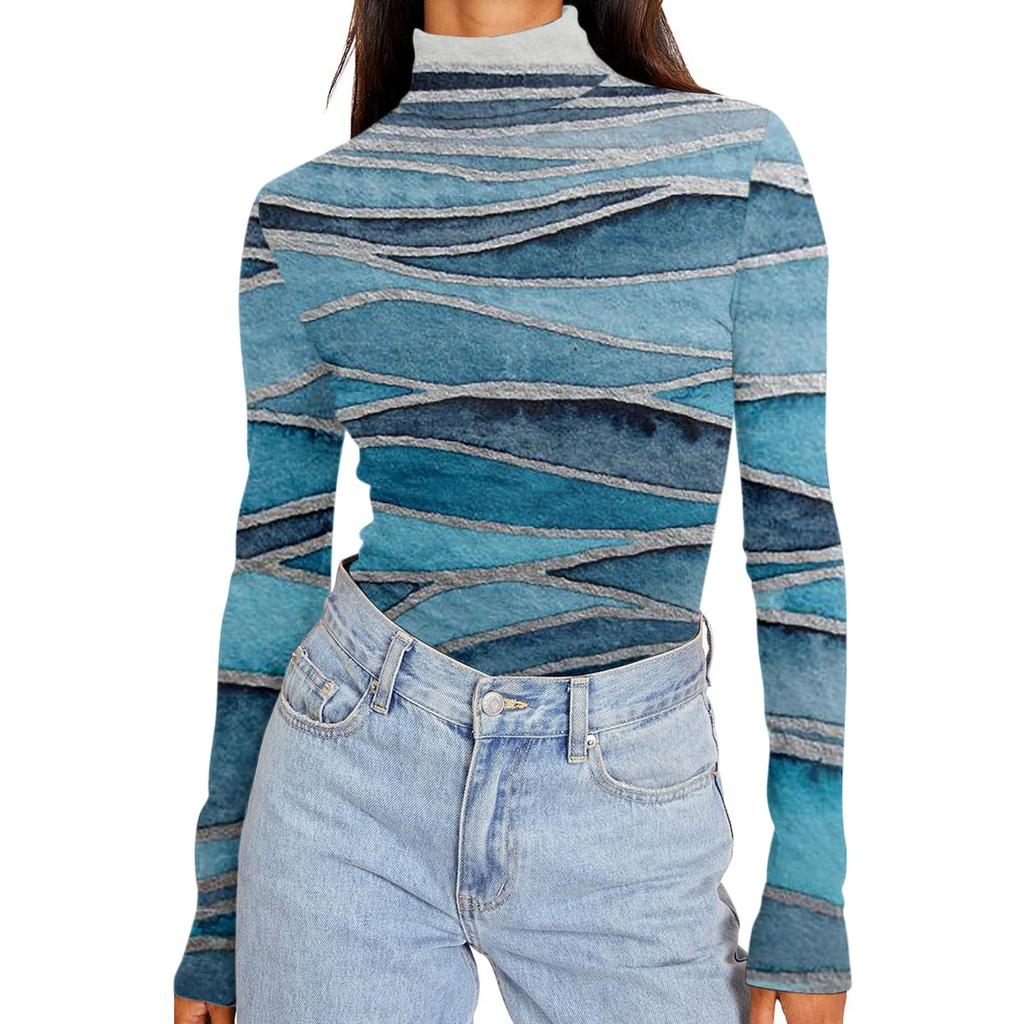 Женские рубашки с высоким воротником и длинными рукавами с принтом, осенние модные базовые облегающие мягкие термотопы