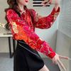 Red Printed Shirt Women's Spring Autumn Long Sleeved Blouse Chiffon Fashionable Temperament Top