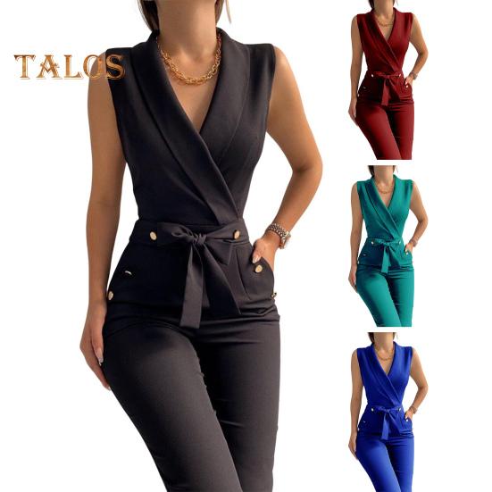 Летний женский комбинезон без рукавов с V-образным вырезом, облегающий, с пуговицами, на шнуровке, однотонный, с широкими штанинами, деловой, деловой, дорожный комбинезон