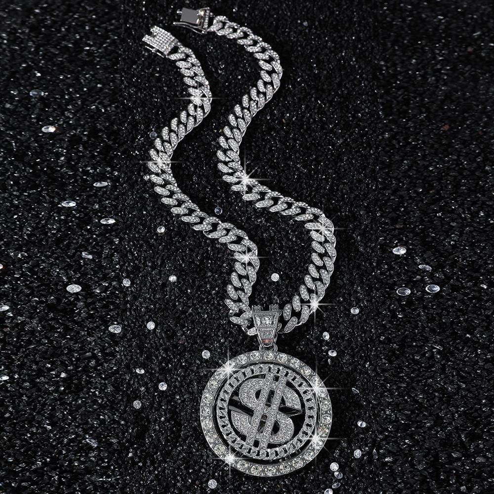 Men Hip Hop Big Rotatable US Dollar Money Sign Pendant Necklace 13mm Iced Out Cuban Chain Choker Necklace Rap Rock Charm Jewelry