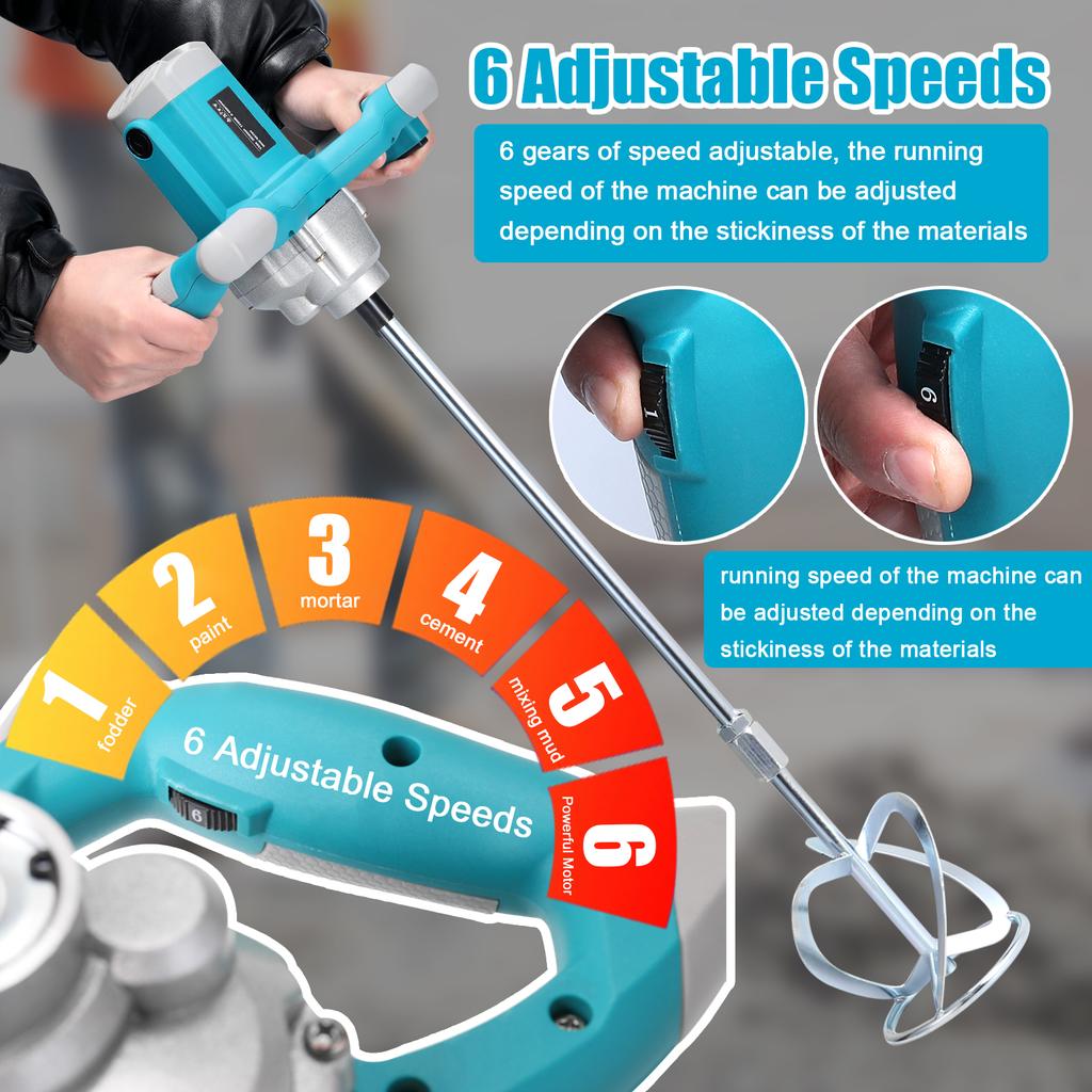 Электрический бетоносмеситель 2600 Вт, портативный ручной бетоносмеситель, 6 скоростей, регулируемое смешивание
