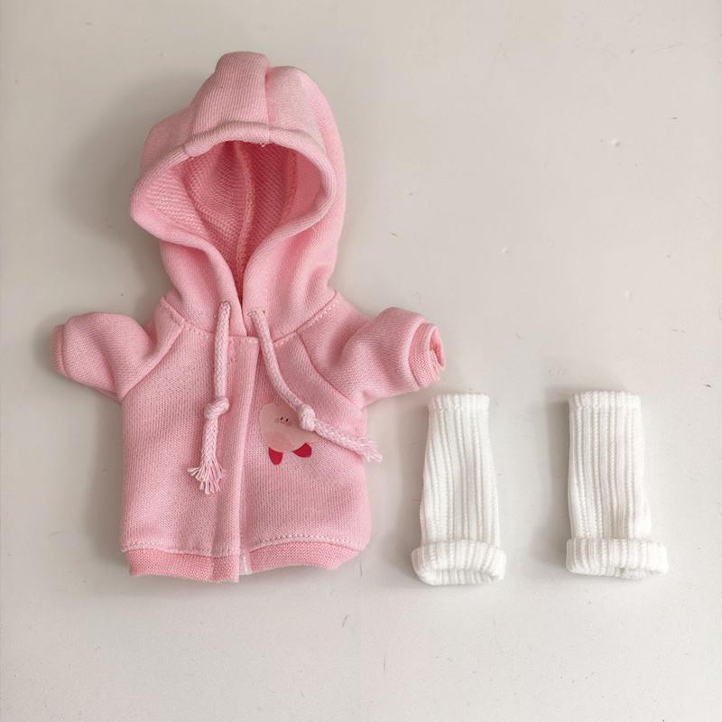 [Cloth Only] the Fashion  Clothes for 20CM Plush  Doll, Pink Hooded Sweatshirt + White Pile-up Socks.