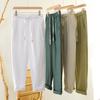 Breathable Summer Men's Beach Pants Japanese Style 100% Linens Mens Trousers Casual Solid Color Drawstring Elastic Waist Straight Pants