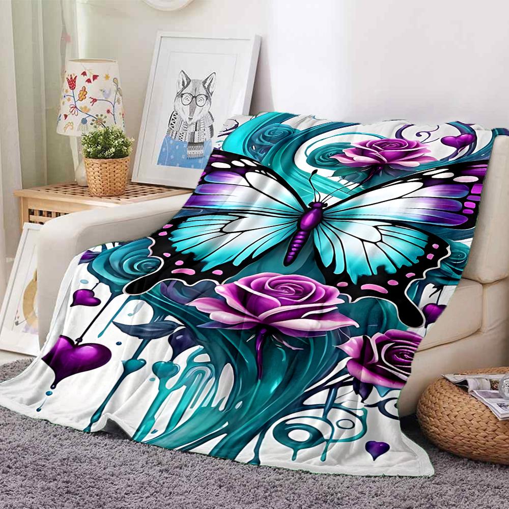 1Pc Butterfly Roses Fantasy Flannel Blanket, Soft And Comfortable, Casual Warm, Camping Travel, Christmas, Halloween Xmas Gift. G1319