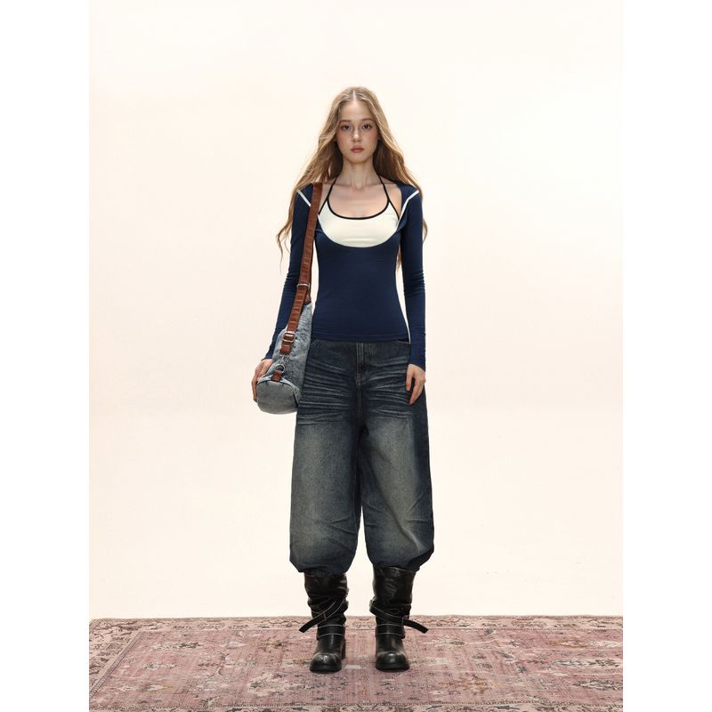 Shiyiyue American-Style White Halter Neck Camisole Top for Women, Autumn Spicy Girl Navy Blue Low-Neck Long-Sleeve Slimming Outfit