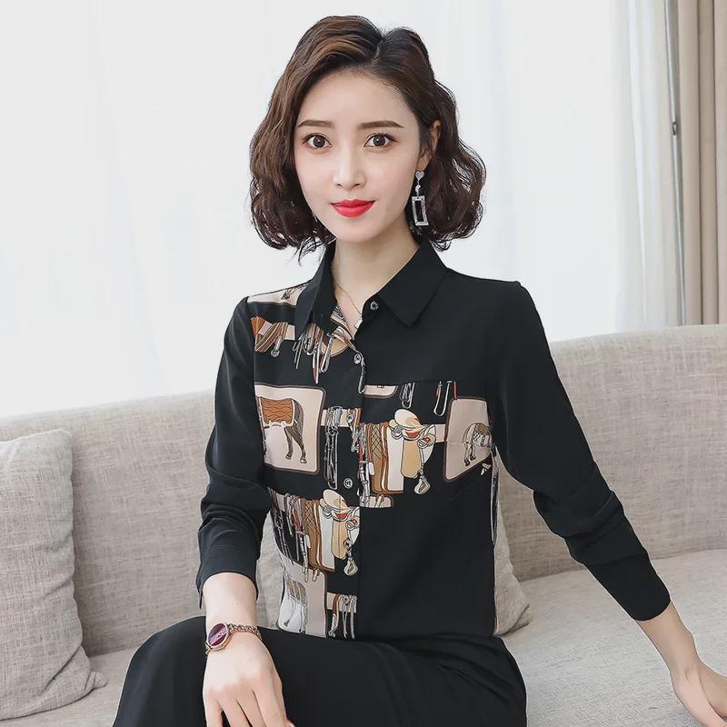 Женская ретро-рубашка с длинным рукавом из шифона с цветочным принтом для осени и весны
