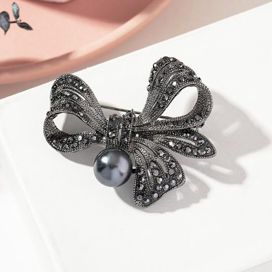 Retro Bow Brooch Rhinestone Black Faux Pearl Flower Brooch Pin Bow Lapel Pin Women Outfit Accessory for Sweaters Hats Coats