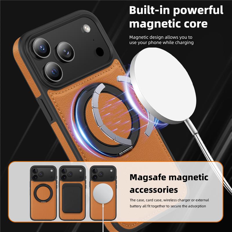 Кожаный чехол для телефона Magsafe iPhone 17 Air 16E 16 15 14 Plus 13 12 Pro Max Магнитный Поворотный на 360° Металлический держатель Подставка Задняя крышка